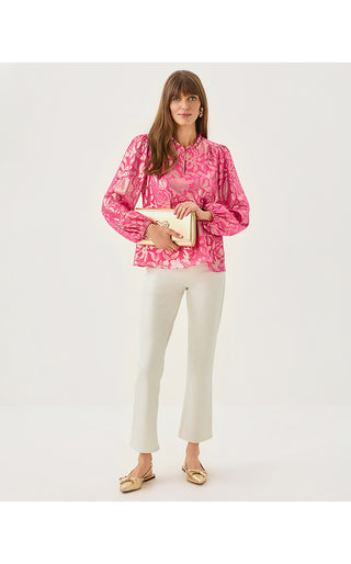 Giana Long Sleeve Silk Top - Sun Shell Pink Floral Bloom Silk Clip