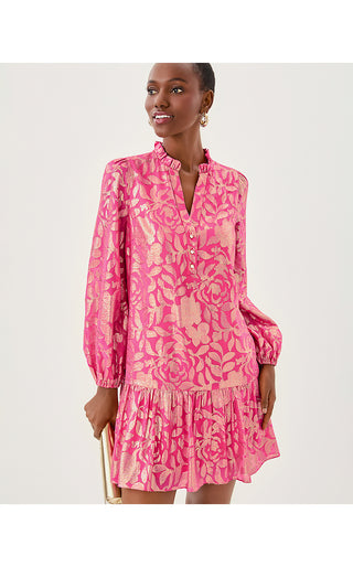 Evaline Silk Dress - Sun Shell Pink Floral Bloom Silk Clip