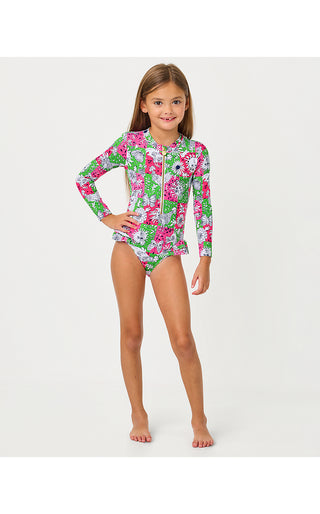 Girls UPF 50+ Denning Rashguard Swimsuit - Cherry Blossom Pink Lil Chicken Check