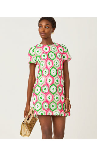 Leyla Shift Dress - Cherry Blossom Pink Daisy Hex Crochet