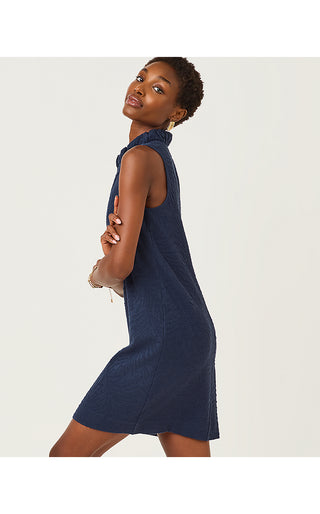 Elsey Shift Dress - Low Tide Navy Leafy Knit Pucker Jacquard