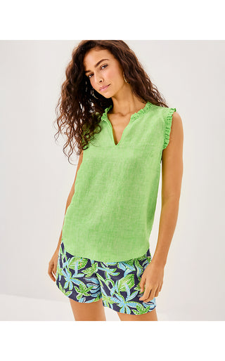 Kavalla Sleeveless Ruffle Top - Crocodile Green X Resort White