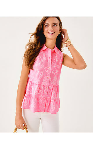 Breah Sleeveless Button Down Top - Rousseau Pink Cool As Shell Overprint