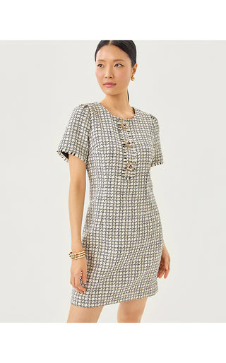 Brenda Boucle Dress - Coconut Lurex Houndstooth Boucle