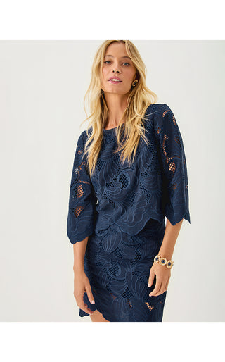 Amabel Long Sleeve Cropped Top - Low Tide Navy Sway With Me Scalloped Lace
