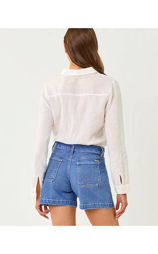 Sea View Linen Button Down Top - Resort White Throw Me A Line Embroidery