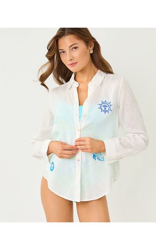 Sea View Linen Button Down Top - Resort White Throw Me A Line Embroidery
