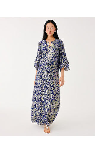 Bellina Silk Maxi Caftan - Low Tide Navy Leafy Babe Metallic Silk Clip