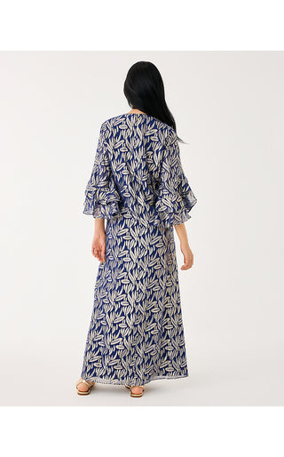 Bellina Silk Maxi Caftan - Low Tide Navy Leafy Babe Metallic Silk Clip