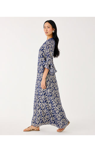 Bellina Silk Maxi Caftan - Low Tide Navy Leafy Babe Metallic Silk Clip