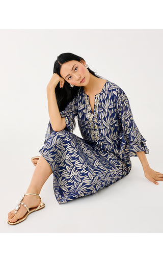 Bellina Silk Maxi Caftan - Low Tide Navy Leafy Babe Metallic Silk Clip