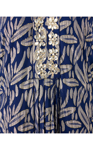 Bellina Silk Maxi Caftan - Low Tide Navy Leafy Babe Metallic Silk Clip