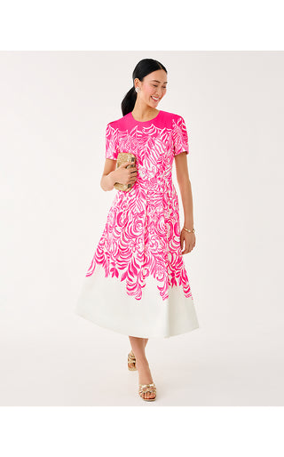 Loradonna Stretch Midi Dress - Sun Shell Pink Festive Fronds Engineered