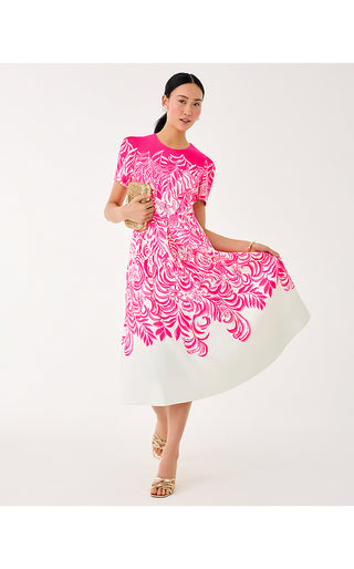 Loradonna Stretch Midi Dress - Sun Shell Pink Festive Fronds Engineered