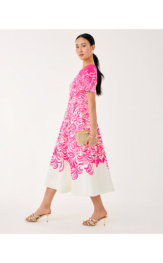 Loradonna Stretch Midi Dress - Sun Shell Pink Festive Fronds Engineered