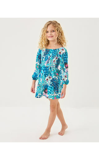 Girls Mini Jilly Long Sleeved Dress - Breezy Aqua Best Fronds Forever