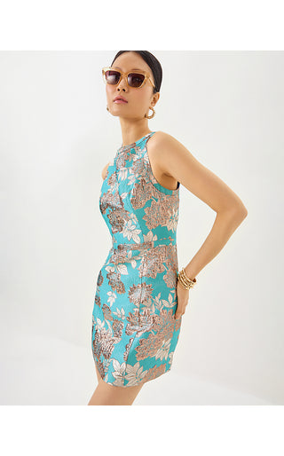 Caitie Skirted Bottom Romper - Tangier Teal Floral Fling Metallic Jacquard