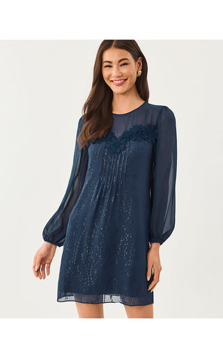 Gail Silk Dress - Low Tide Navy Fish Clip Chiffon