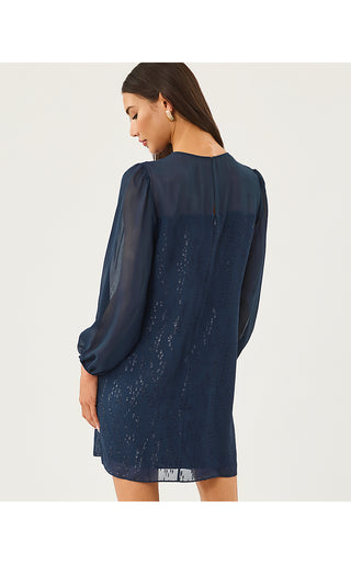 Gail Silk Dress - Low Tide Navy Fish Clip Chiffon