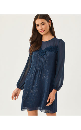 Gail Silk Dress - Low Tide Navy Fish Clip Chiffon
