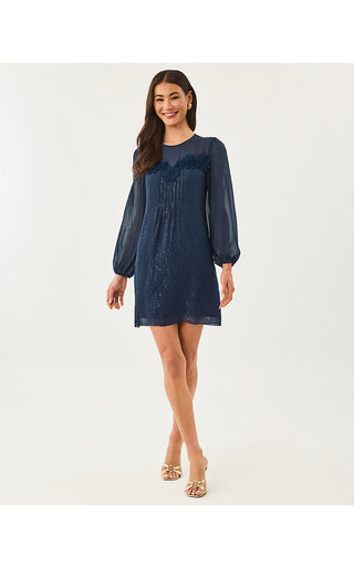 Gail Silk Dress - Low Tide Navy Fish Clip Chiffon