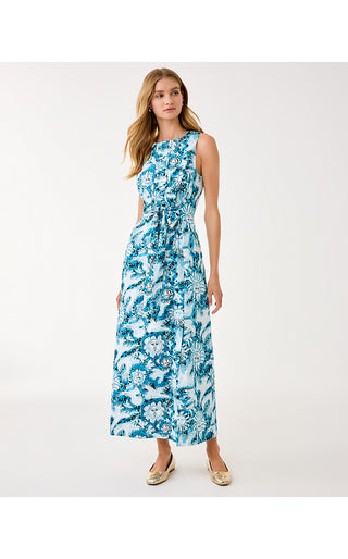 Clarajane Stretch Maxi Shift Dress - Bellevue Blue Lilly Gulls