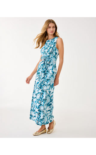 Clarajane Stretch Maxi Shift Dress - Bellevue Blue Lilly Gulls