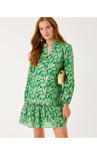 Evaline Silk Dress - Bamboo Green Leafy Babe Metallic