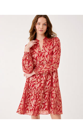 Cornellia Silk Dress - Cranberry Red Leafy Babe Metallic Silk Clip