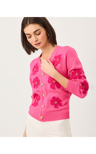 Millard Sweater - Pink Aster Big Lillys Flower Embroidery