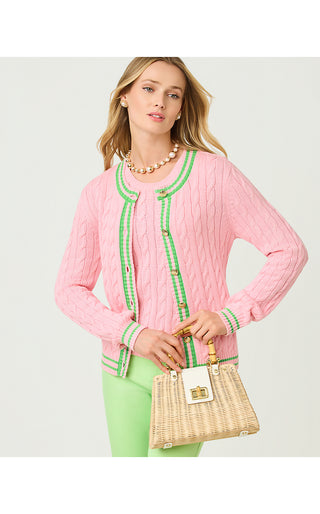 Brockton Crew Neck Cardigan - Conch Shell Pink X Jackfruit Green Tipping