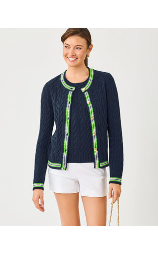 Brockton Crew Neck Cardigan - Low Tide Navy X Chateau Green Tipping