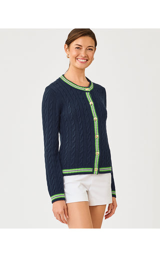 Brockton Crew Neck Cardigan - Low Tide Navy X Chateau Green Tipping