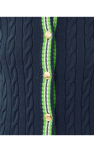 Brockton Crew Neck Cardigan - Low Tide Navy X Chateau Green Tipping