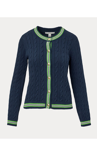 Brockton Crew Neck Cardigan - Low Tide Navy X Chateau Green Tipping