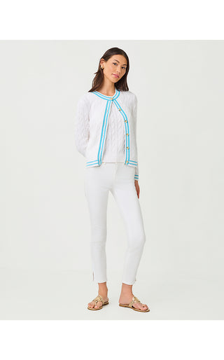 Brockton Crew Neck Cardigan - Resort White X Capri Blue Tipping