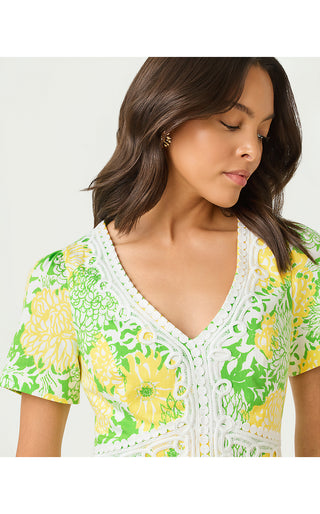 Evita Short Sleeve Stretch Shift Dress - Crocodile Green Mumbo Jumbo