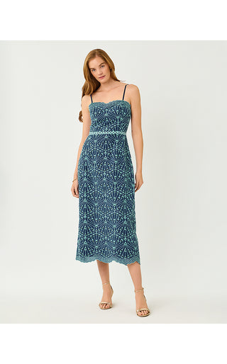 Arlin Midi Dress - Starlight Navy X Capri Blue Queen Scallop Eyelet