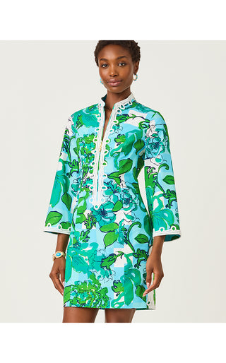 Shealyn 3/4 Sleeve Stretch Dress - Capri Blue Rousseaus Roses Overlay