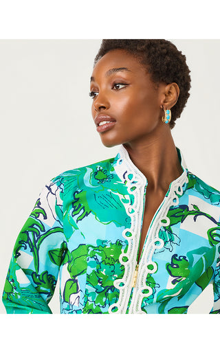 Shealyn 3/4 Sleeve Stretch Dress - Capri Blue Rousseaus Roses Overlay