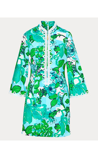 Shealyn 3/4 Sleeve Stretch Dress - Capri Blue Rousseaus Roses Overlay