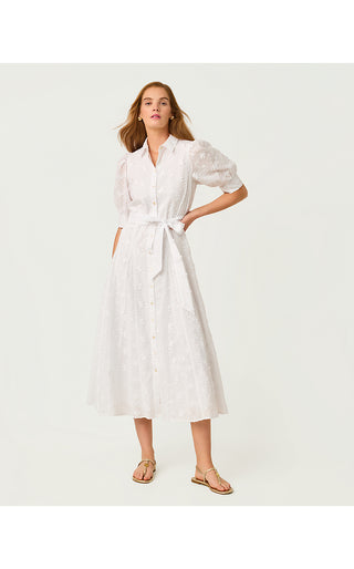 Larkyn Midi Shirtdress - Resort White Monarch Embroidered Cotton Swiss Dot