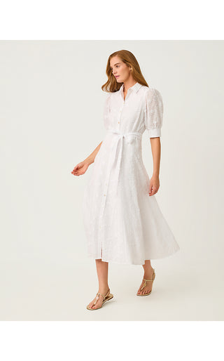 Larkyn Midi Shirtdress - Resort White Monarch Embroidered Cotton Swiss Dot