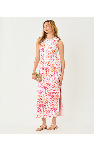 Kitt Maxi Shift Dress - Resort White Pansy Fansy