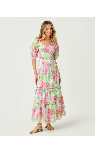 Hadly Short Sleeve Smocked Maxi Dress - Resort White Mum Patch