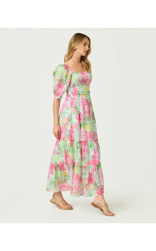 Hadly Short Sleeve Smocked Maxi Dress - Resort White Mum Patch