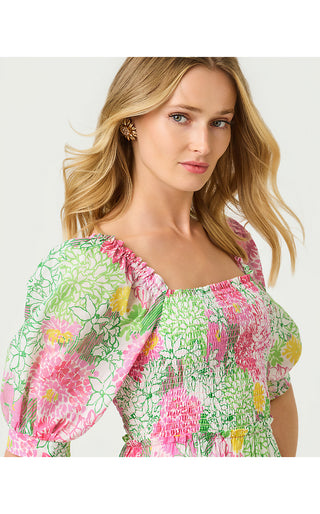 Hadly Short Sleeve Smocked Maxi Dress - Resort White Mum Patch