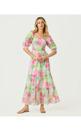 Hadly Short Sleeve Smocked Maxi Dress - Resort White Mum Patch