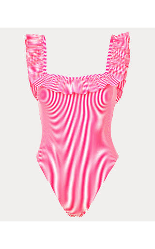 Aemma Ruffle One Piece Swimsuit - Cherry Blossom Pink Seersucker Stripe