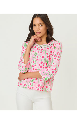 Clairmont 3/4 Sleeved Trimmed Top - Conch Shell Pink Lil Sunny Daisies
